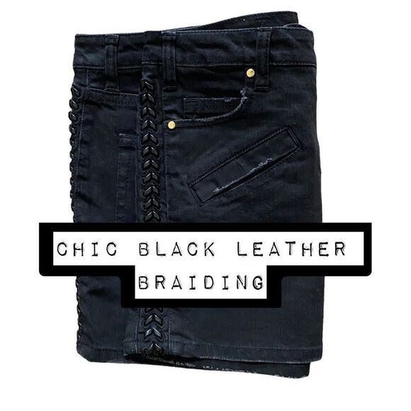 Pierre Balmain Black Distressed Denim Mini Skirt Leather Braided Accents US 6 - Picture 2 of 8